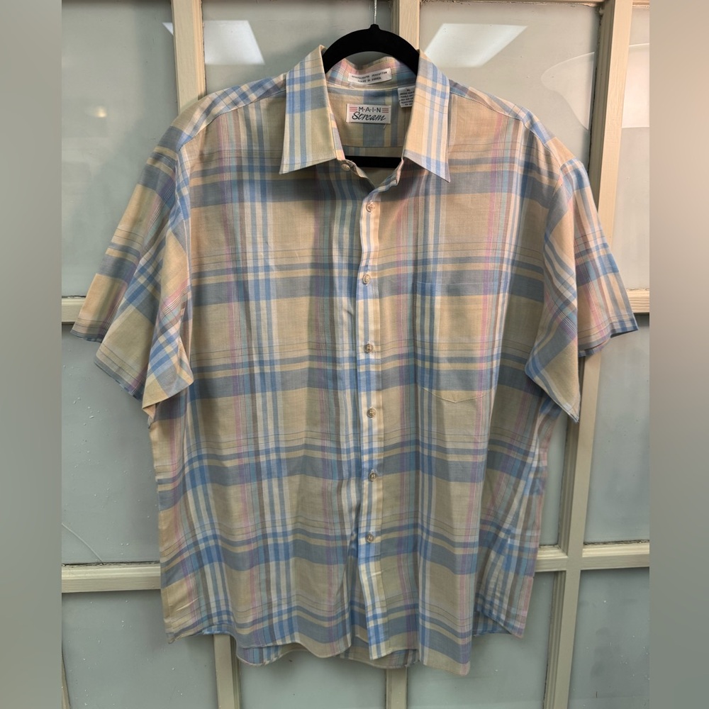 Casual Blue and Cream Plaid Button Down Shirt